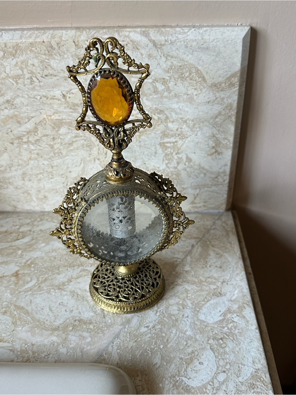 Ornate Gold Decorative Perfume Bottle with Amber Accent 9”